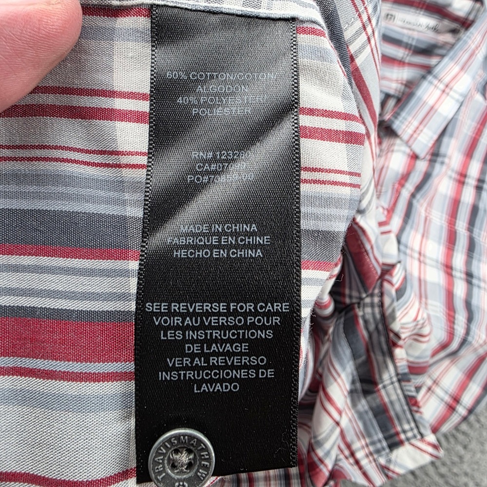 TravisMathew Button Down Shirt Mens Large Red Gray Plaid Short Sleeve Golf - Picture 5 of 12